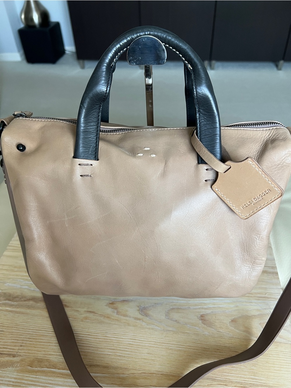 Kelsi Dagger Beige Satchel with Black Handles